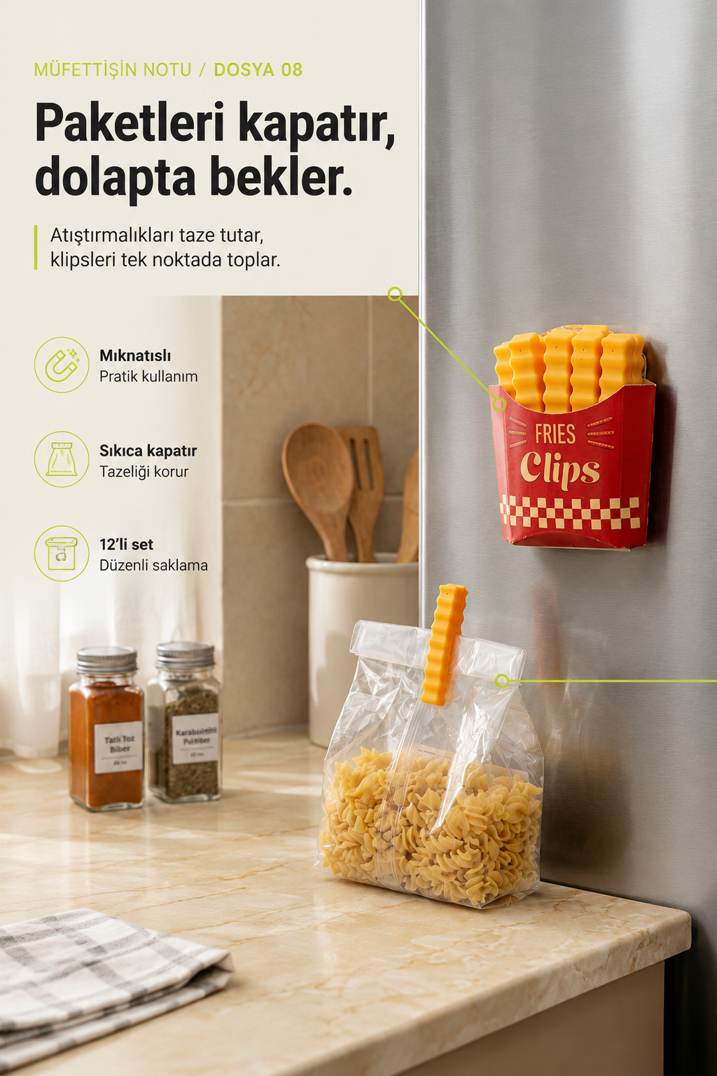 12’li Mıknatıslı Paket Klipsi – Patates Kızartması Tasarımlı