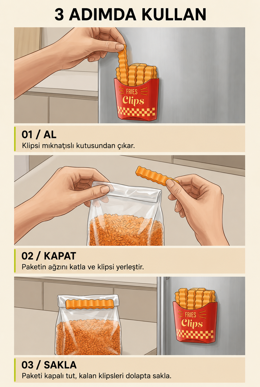 12’li Mıknatıslı Paket Klipsi – Patates Kızartması Tasarımlı