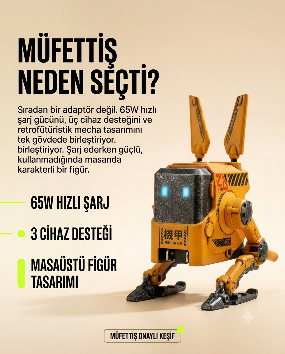Robot Figürlü 65W GaN Hızlı Şarj Adaptörü – Sarı